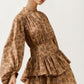 Tiered Long Sleeve Mini Dress with Smocked Waist in Neutral Print