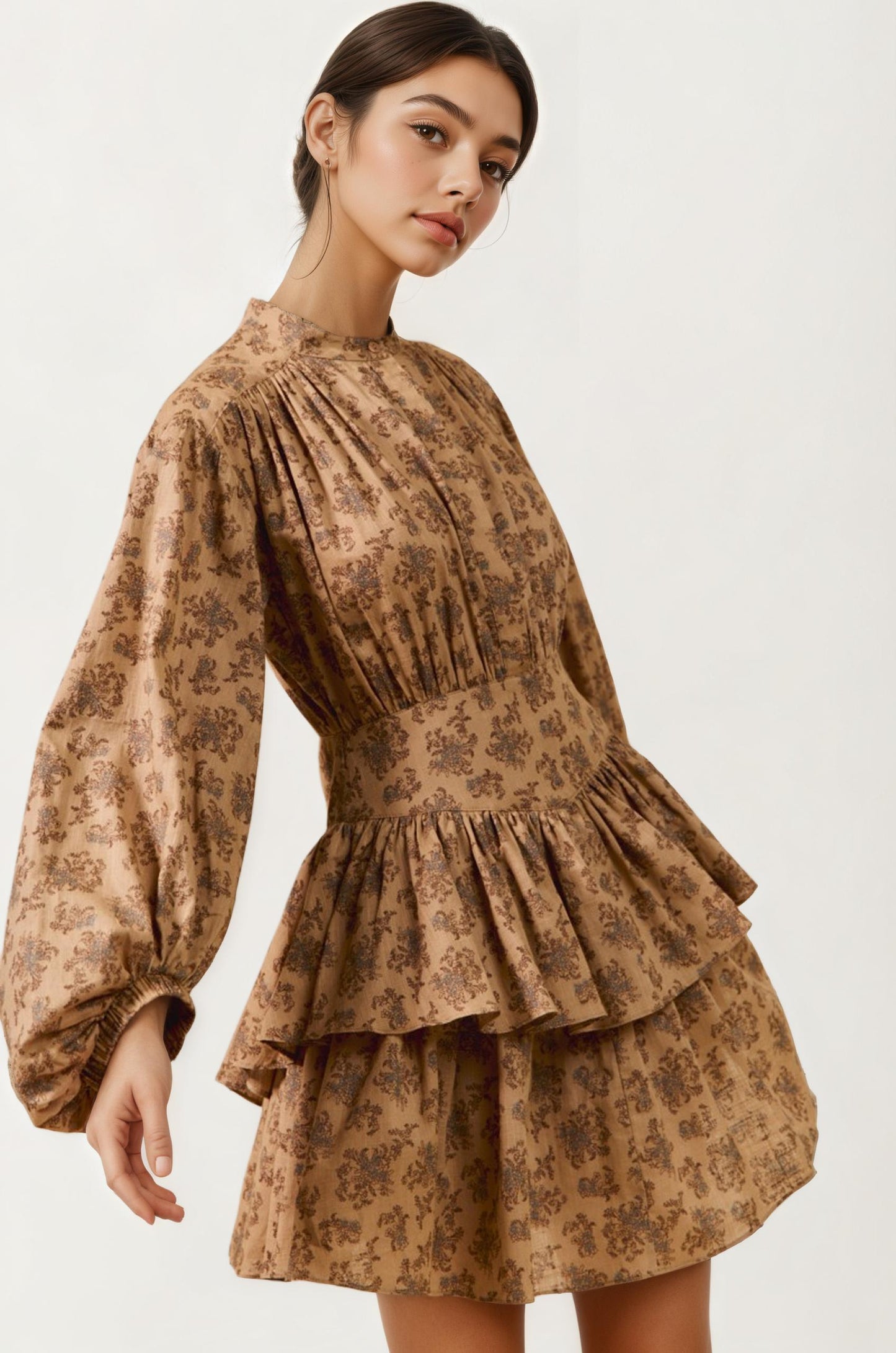 Tiered Long Sleeve Mini Dress with Smocked Waist in Neutral Print
