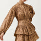 Tiered Long Sleeve Mini Dress with Smocked Waist in Neutral Print