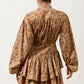 Tiered Long Sleeve Mini Dress with Smocked Waist in Neutral Print
