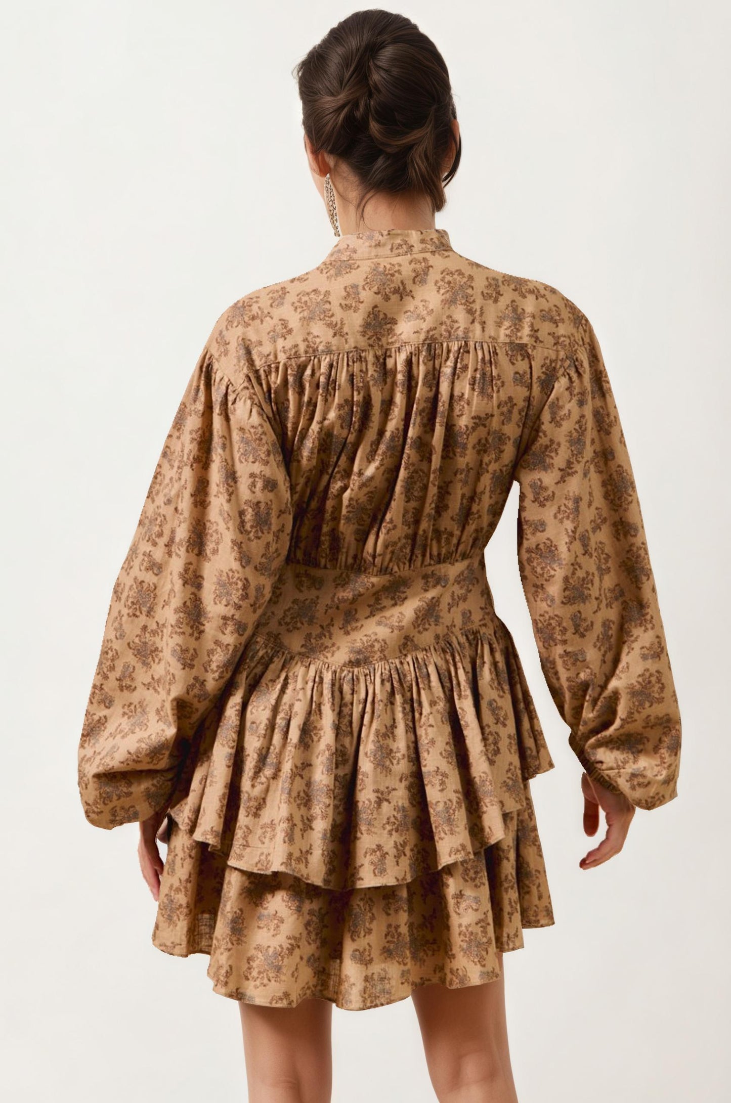 Tiered Long Sleeve Mini Dress with Smocked Waist in Neutral Print
