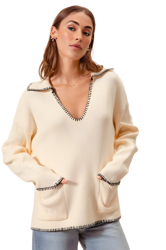 Ribbed Long Sleeve V-Neck Pullover With Contrast Trim