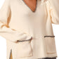 Ribbed Long Sleeve V-Neck Pullover With Contrast Trim