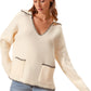 Ribbed Long Sleeve V-Neck Pullover With Contrast Trim