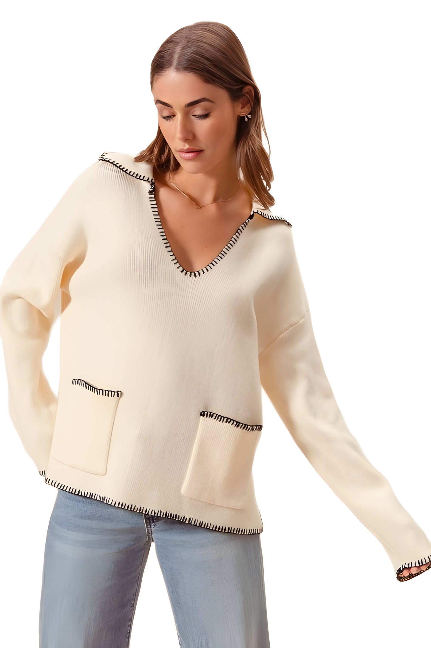 Ribbed Long Sleeve V-Neck Pullover With Contrast Trim