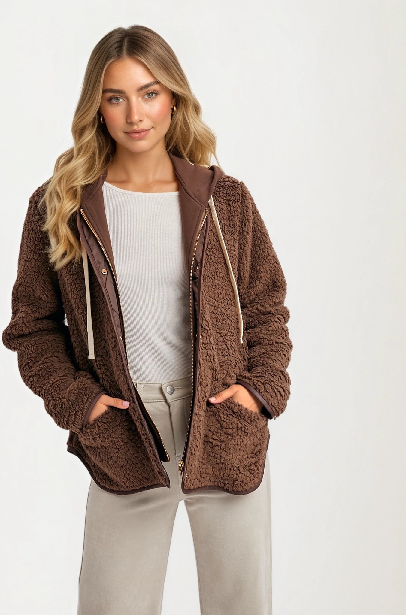 Cozy Hooded Sherpa Jacket with Snap Front and Relaxed Fit
