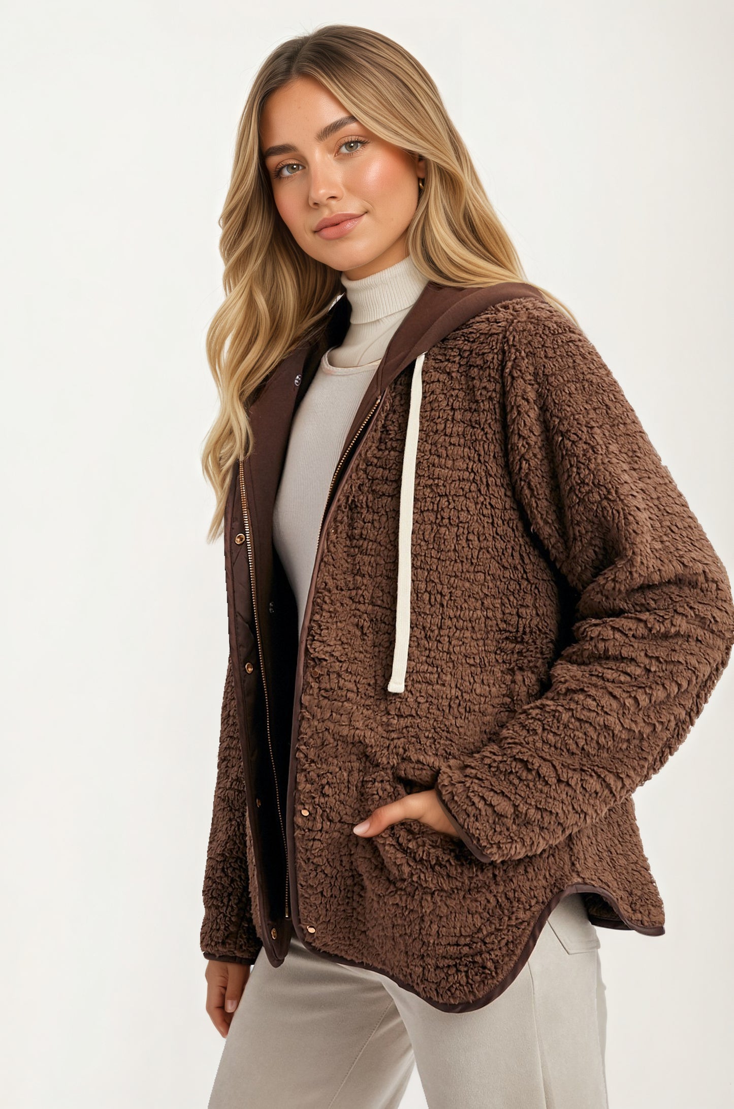 Cozy Hooded Sherpa Jacket with Snap Front and Relaxed Fit