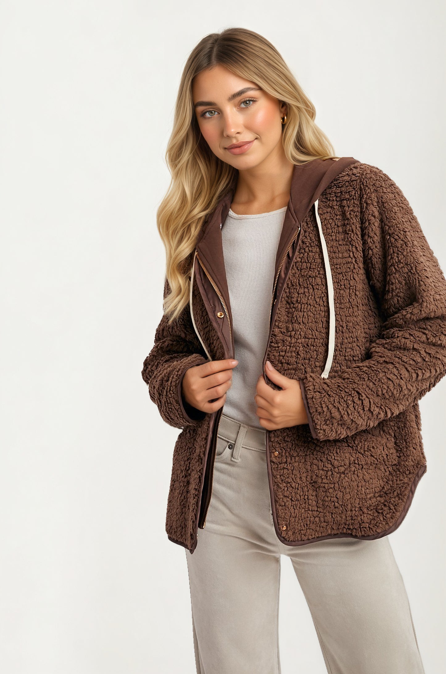 Cozy Hooded Sherpa Jacket with Snap Front and Relaxed Fit
