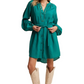 Emerald Belted Button-Up Biship Sleeve Mini Dress