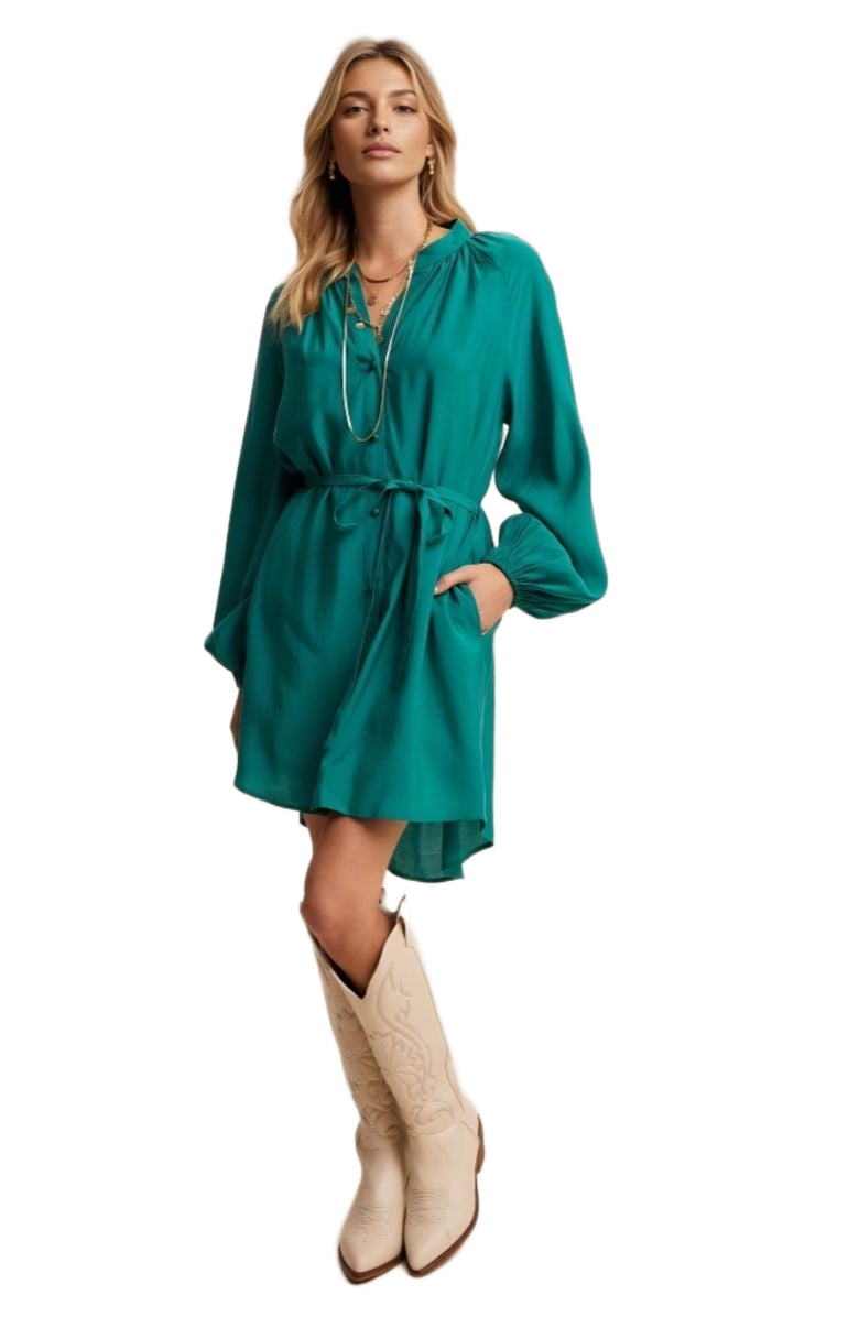 Emerald Belted Button-Up Biship Sleeve Mini Dress