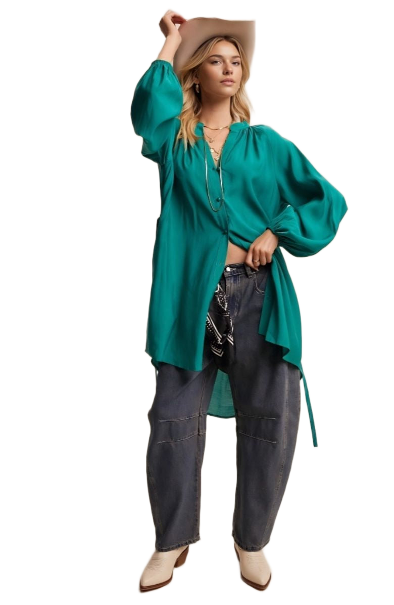 Emerald Belted Button-Up Biship Sleeve Mini Dress