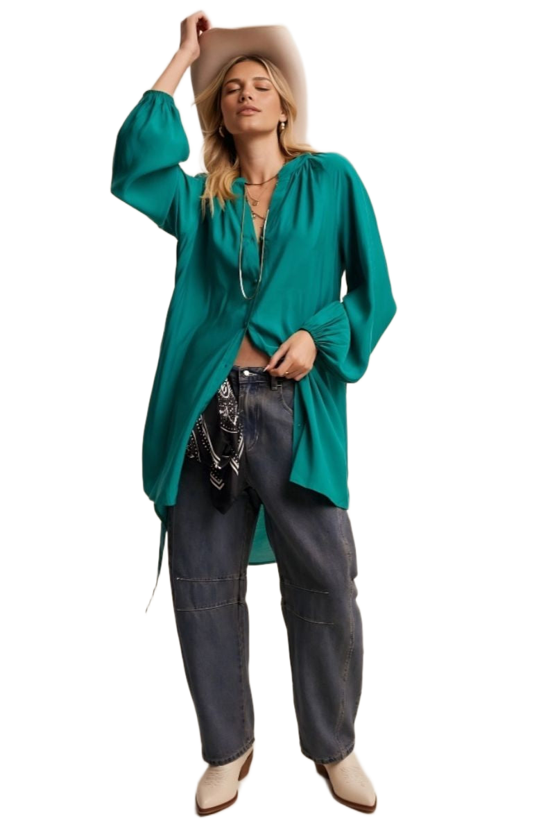 Emerald Belted Button-Up Biship Sleeve Mini Dress