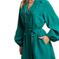 Emerald Belted Button-Up Biship Sleeve Mini Dress