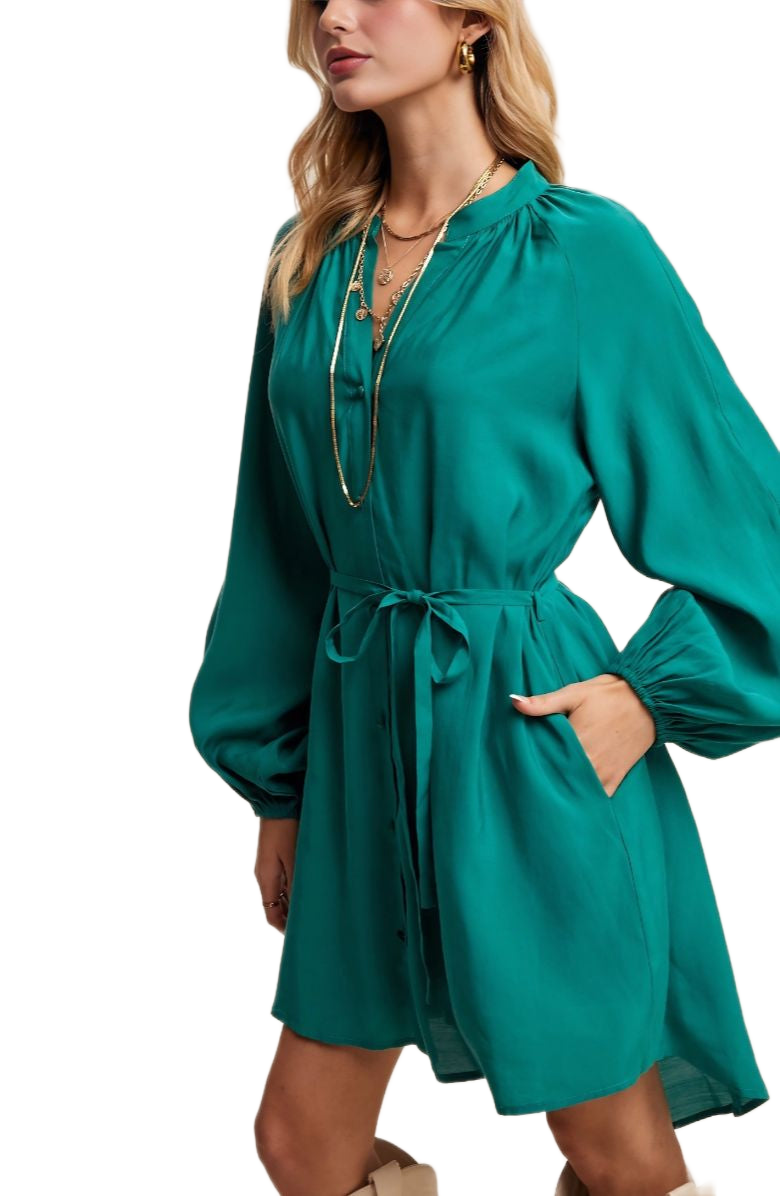 Emerald Belted Button-Up Biship Sleeve Mini Dress