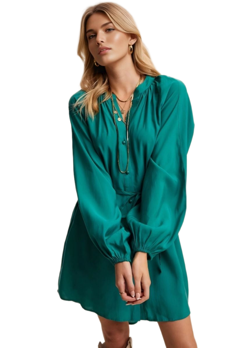 Emerald Belted Button-Up Biship Sleeve Mini Dress