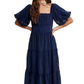 Navy Puff Sleeve Tiered Ruffle Lace Maxi Dress