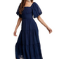 Navy Puff Sleeve Tiered Ruffle Lace Maxi Dress