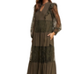 Olive Lace Tiered Tie Detail Bishop Sleeve Maxi Dress