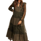 Olive Lace Tiered Tie Detail Bishop Sleeve Maxi Dress