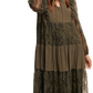 Olive Lace Tiered Tie Detail Bishop Sleeve Maxi Dress