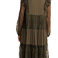 Olive Lace Tiered Tie Detail Bishop Sleeve Maxi Dress