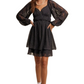 Black Lace Long Sleeve Mini Ruffle Layer Dress