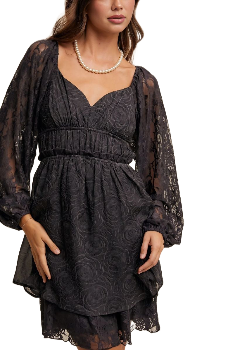 Black Lace Long Sleeve Mini Ruffle Layer Dress