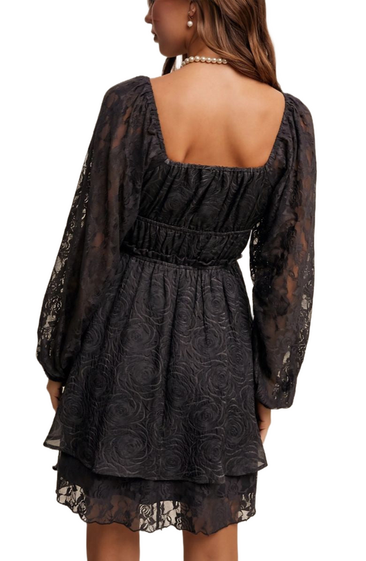 Black Lace Long Sleeve Mini Ruffle Layer Dress