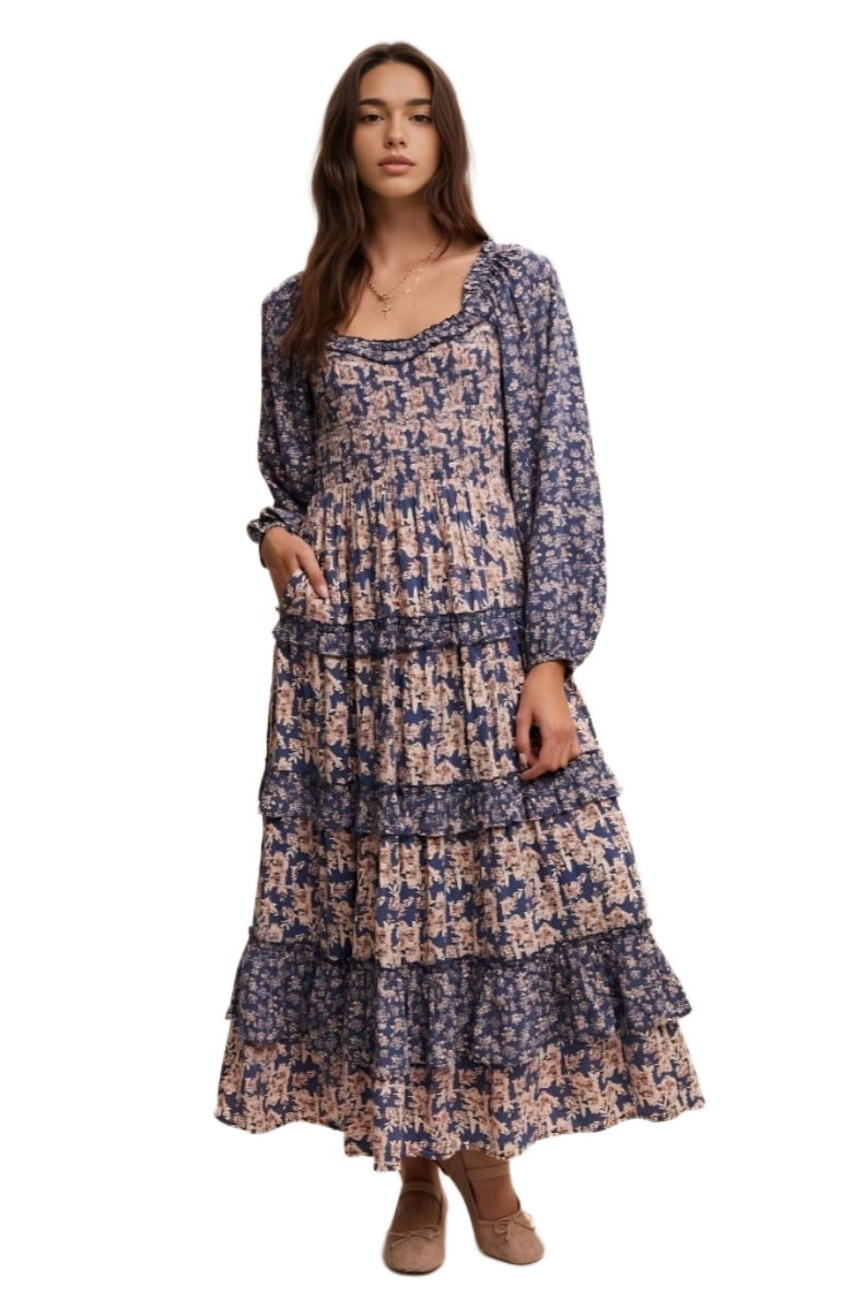 Blue and Blush Floral Ruffle Tiered Maxi Dress