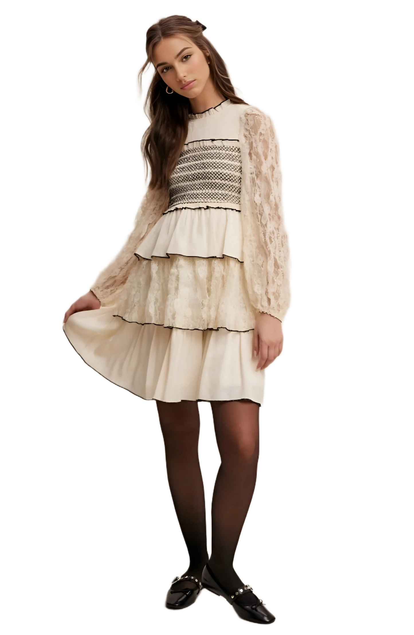 Cream Tiered Mini Dress with Lace Sleeves