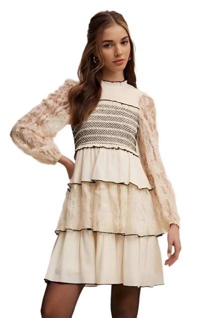 Cream Tiered Mini Dress with Lace Sleeves