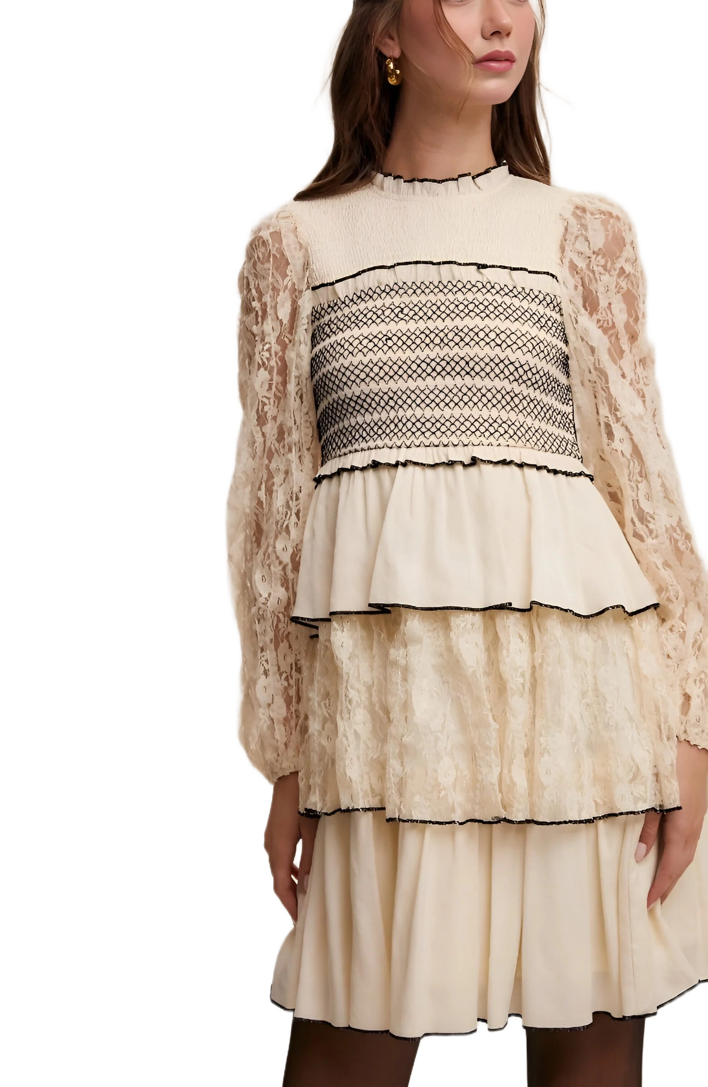 Cream Tiered Mini Dress with Lace Sleeves