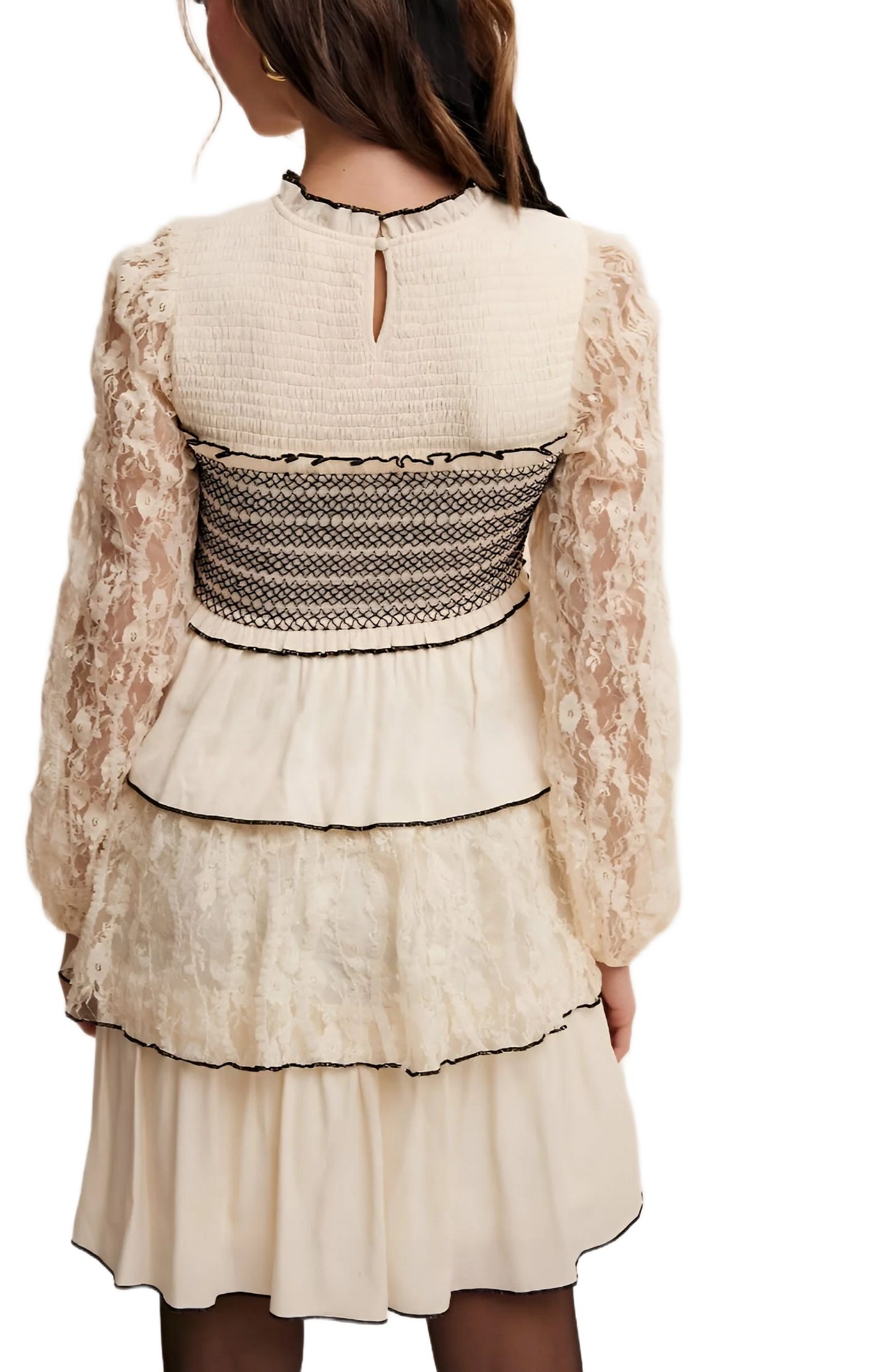 Cream Tiered Mini Dress with Lace Sleeves
