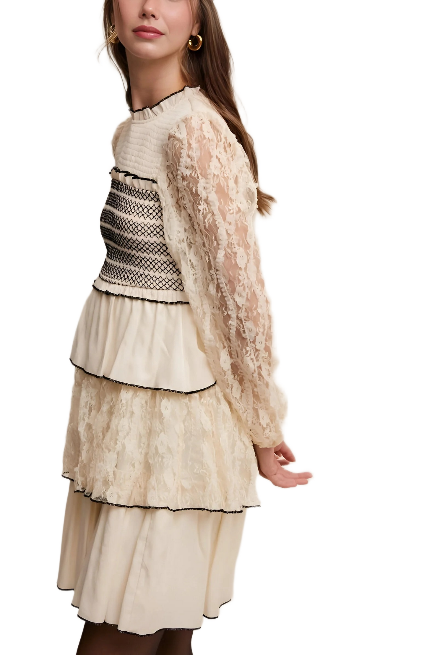 Cream Tiered Mini Dress with Lace Sleeves
