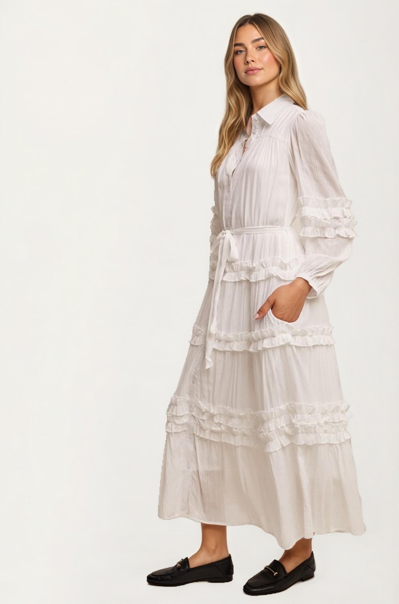 Long Sleeve Ruffle Tiered Maxi Shirt Dress with Tie Waist