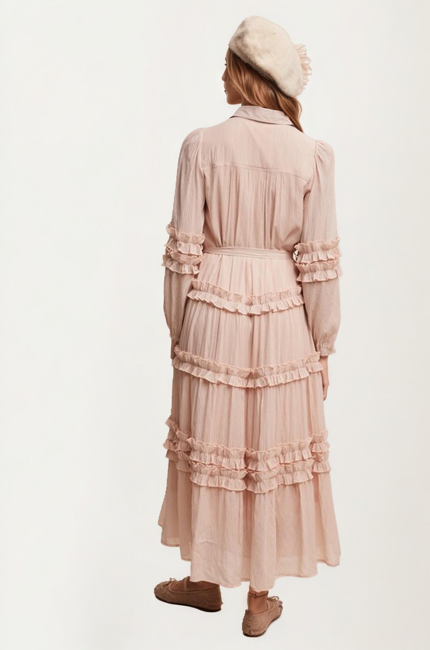 Long Sleeve Ruffle Tiered Maxi Shirt Dress with Tie Waist