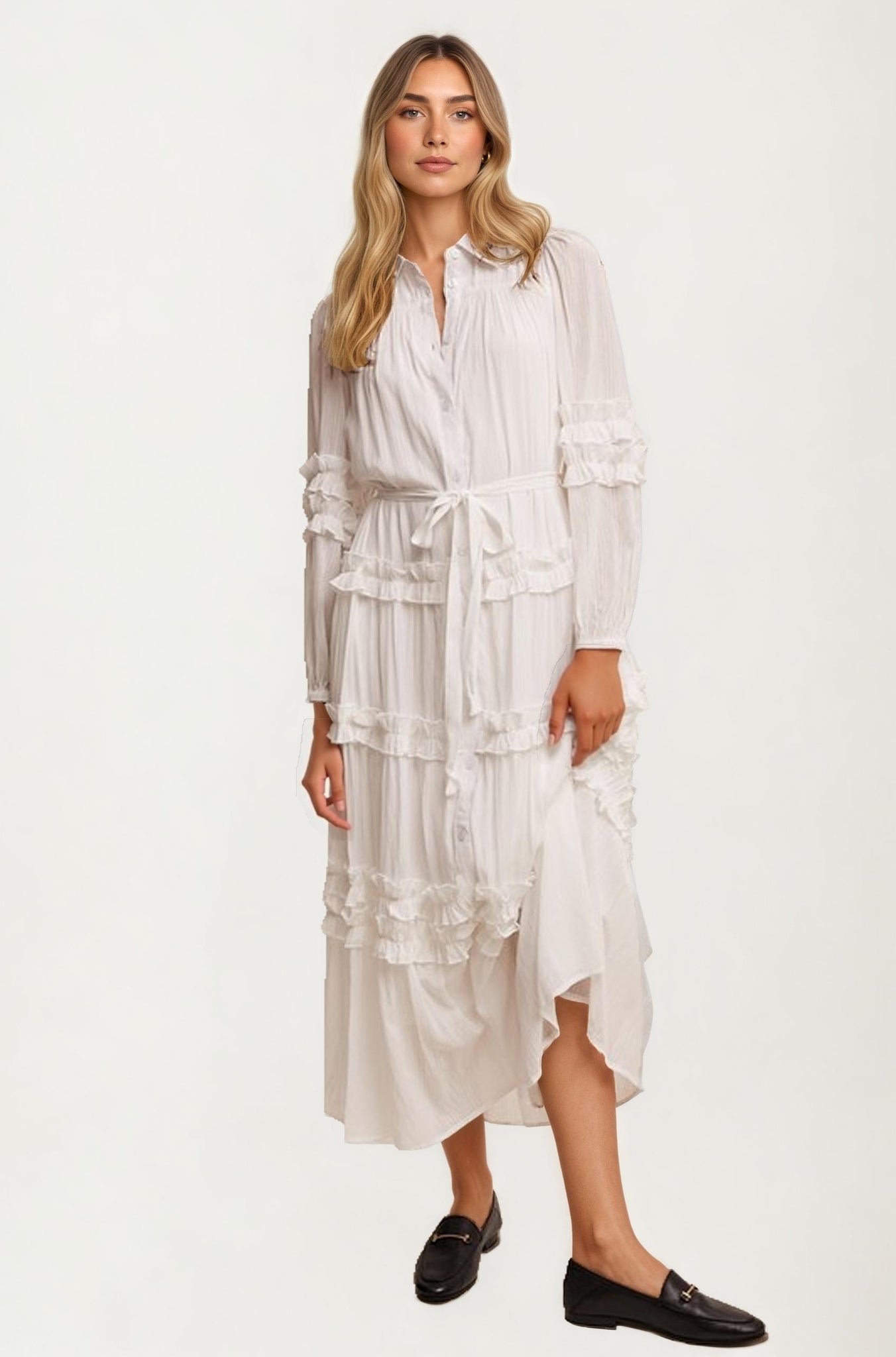 Long Sleeve Ruffle Tiered Maxi Shirt Dress with Tie Waist