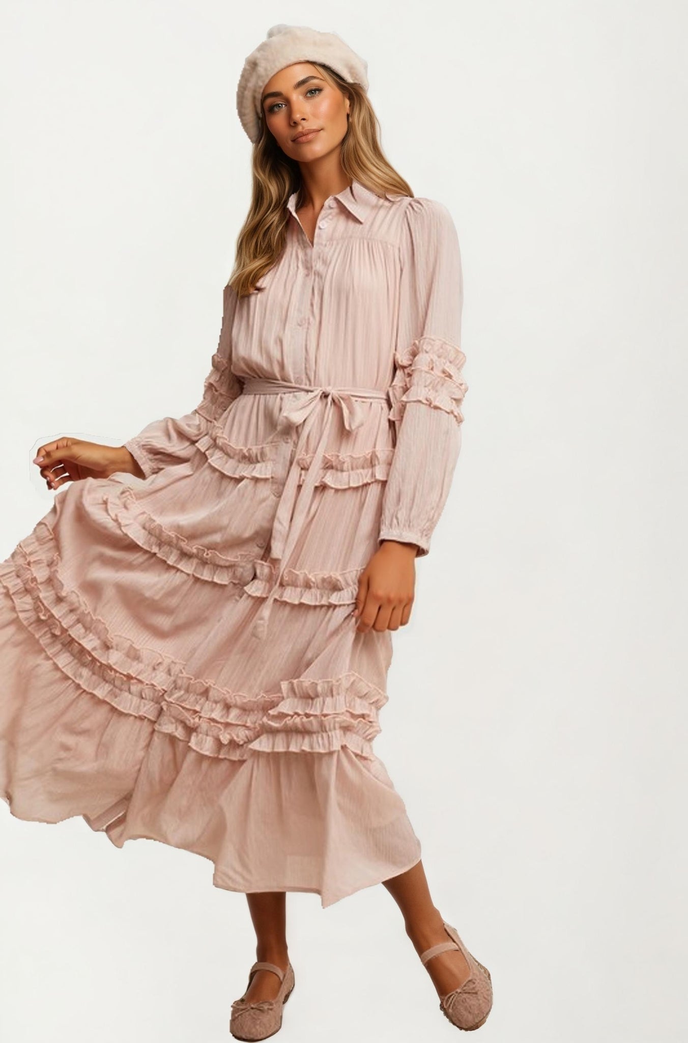 Long Sleeve Ruffle Tiered Maxi Shirt Dress with Tie Waist