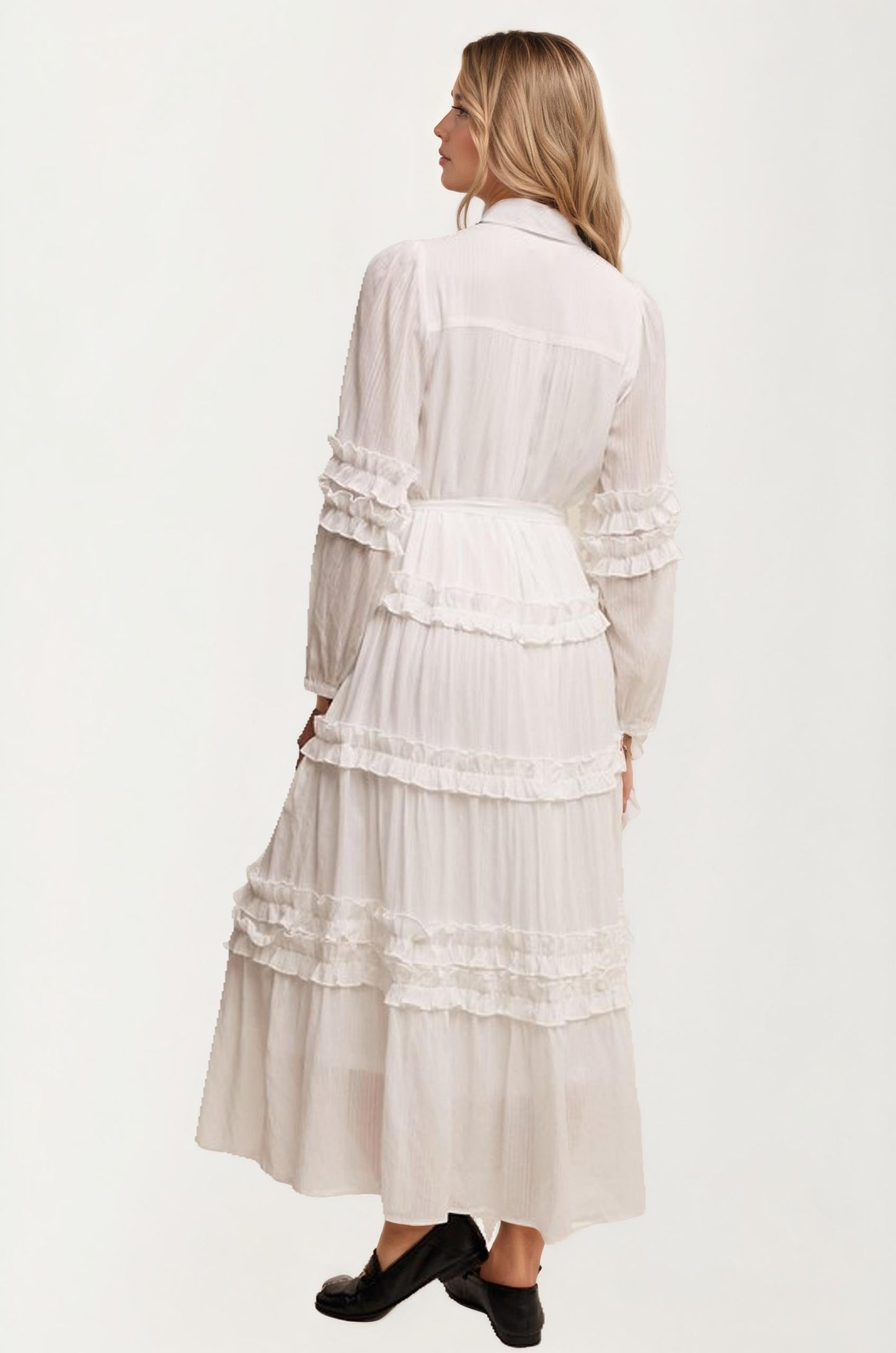 Long Sleeve Ruffle Tiered Maxi Shirt Dress with Tie Waist