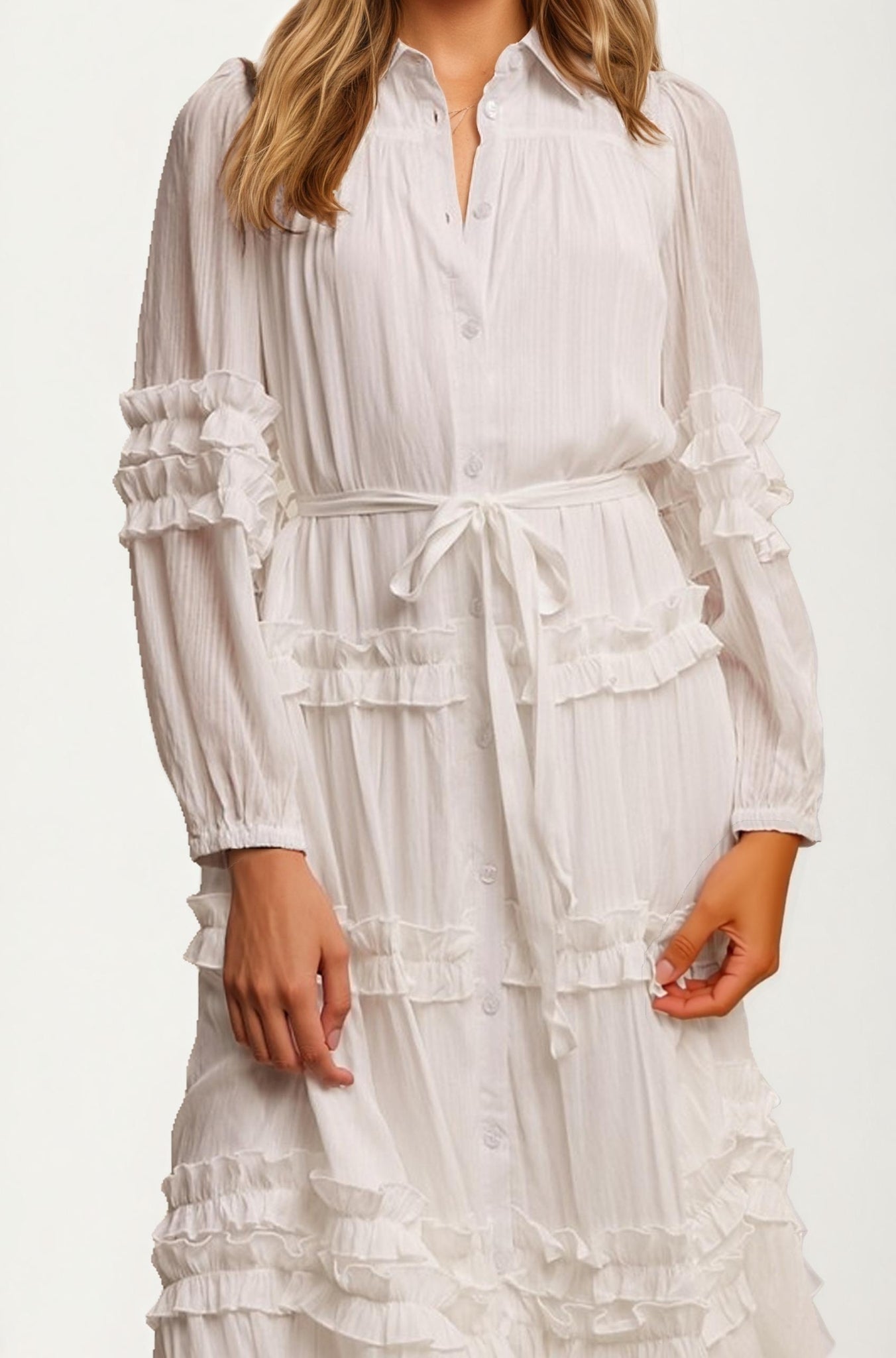 Long Sleeve Ruffle Tiered Maxi Shirt Dress with Tie Waist