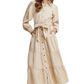 Beige Tiered Belted Bishop Sleeve Maxi Shirt Dress