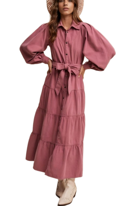 Rose Tiered Belted Button Down Maxi Shirt Dress