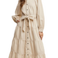Beige Tiered Belted Bishop Sleeve Maxi Shirt Dress