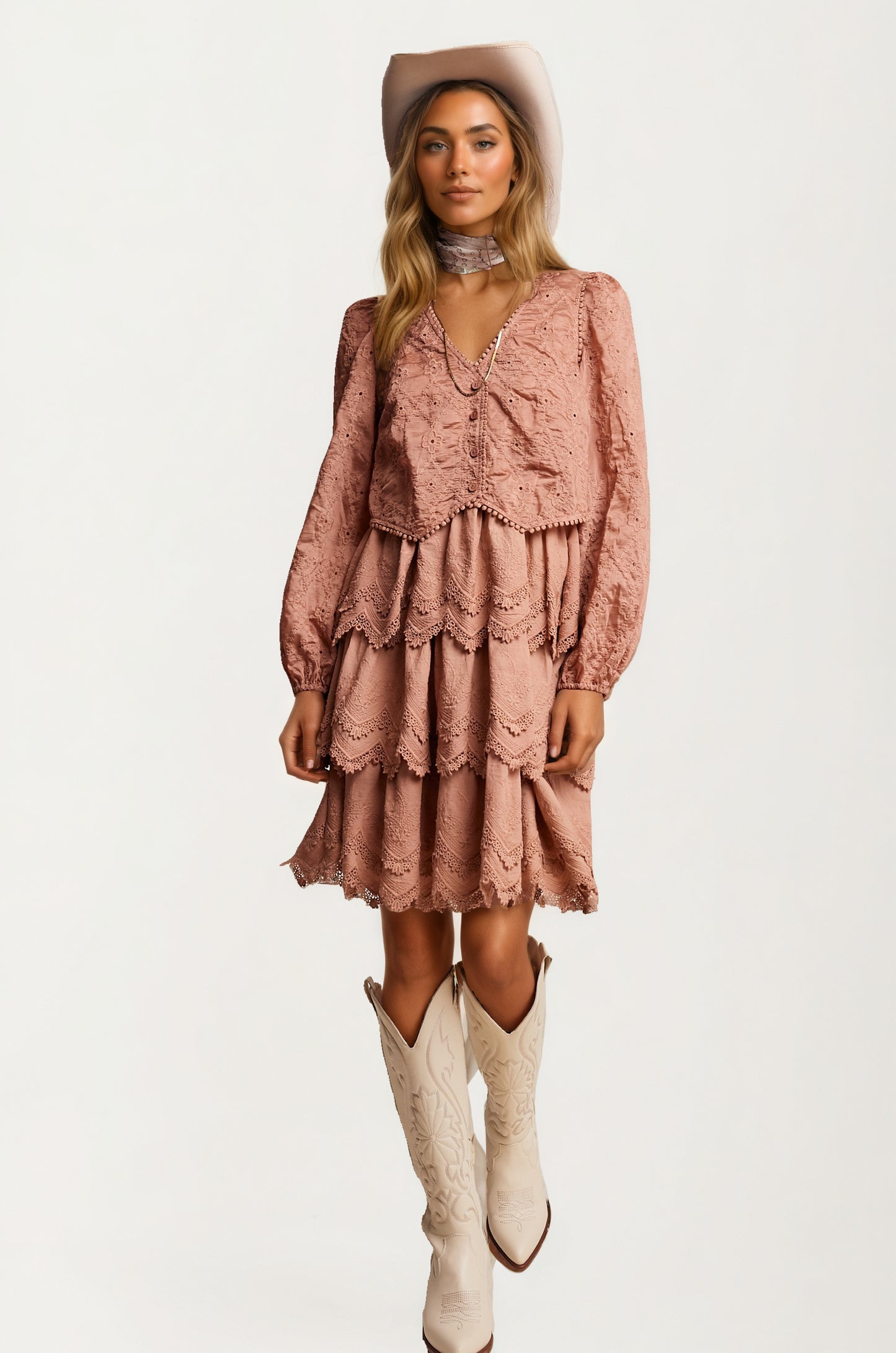 Tiered Lace Dress with Scalloped Hem and Long Sleeves