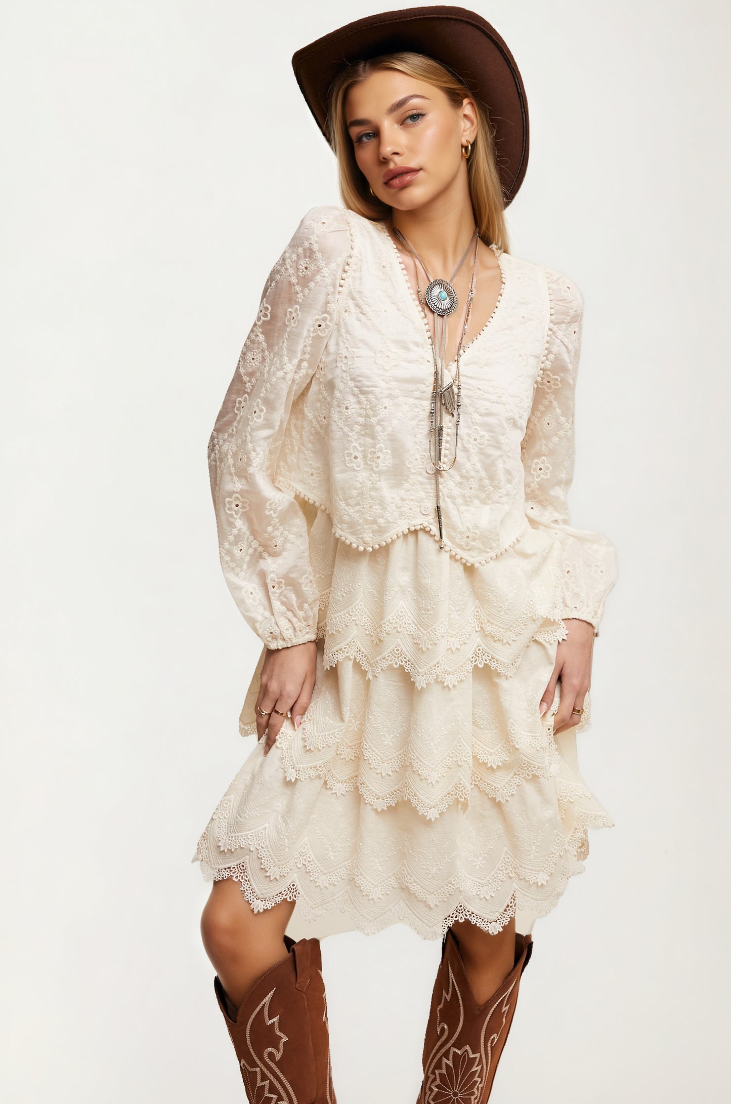 Tiered Lace Dress with Scalloped Hem and Long Sleeves