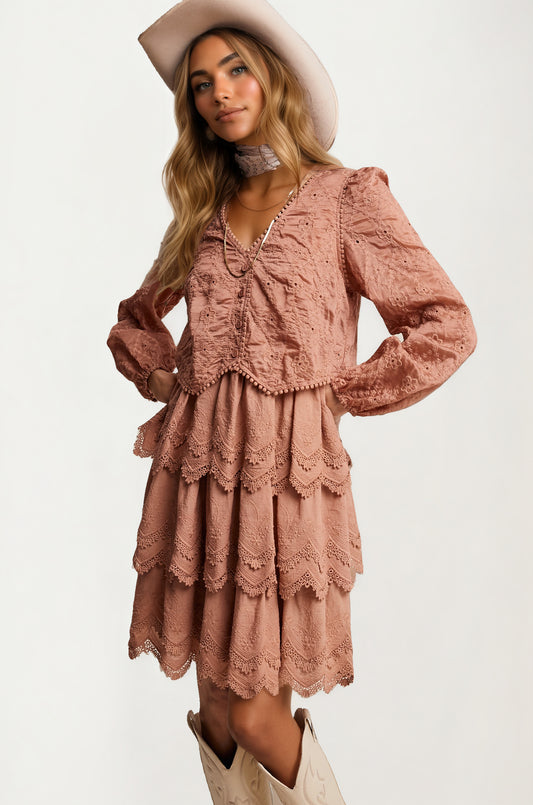 Tiered Lace Dress with Scalloped Hem and Long Sleeves
