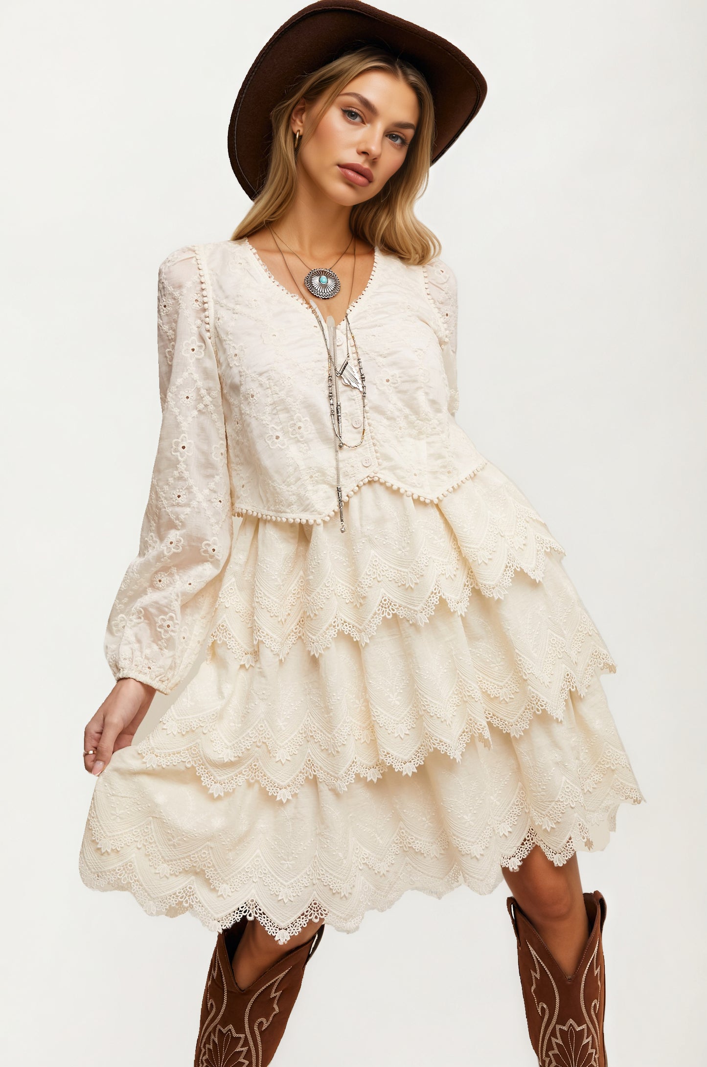 Tiered Lace Dress with Scalloped Hem and Long Sleeves