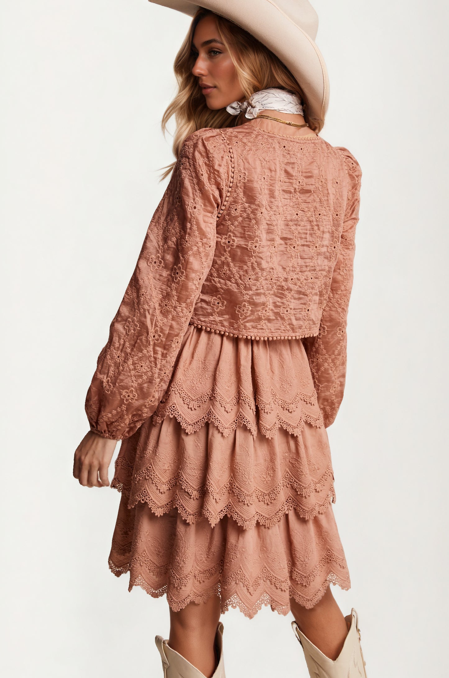 Tiered Lace Dress with Scalloped Hem and Long Sleeves