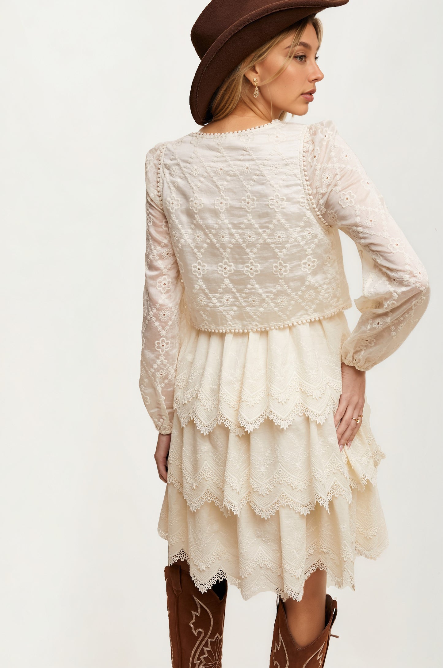 Tiered Lace Dress with Scalloped Hem and Long Sleeves