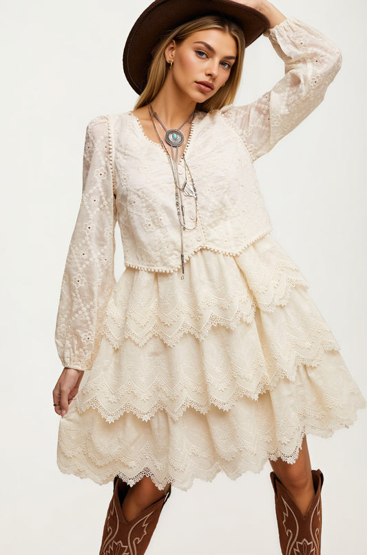 Tiered Lace Dress with Scalloped Hem and Long Sleeves